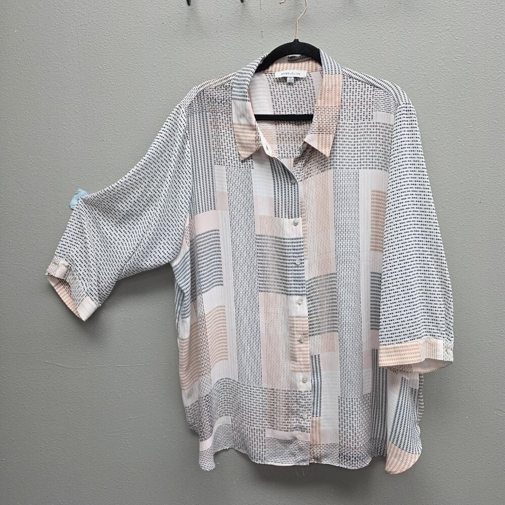 Rose & Olive Shirt Womens 3X Multicolor Geometric Button Front Lightweight Top